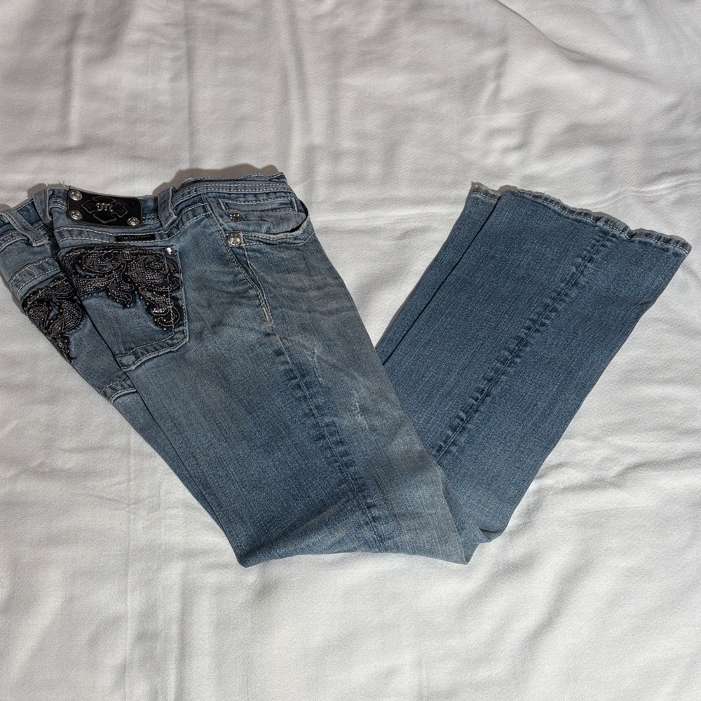 Miss Me Light Blue Western Flare Jeans with Black Embellishments Size 29